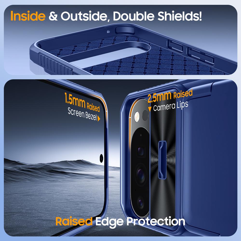 Mit Kartenhalter, Schiebbarer Kameraabdeckung und Ständer für Google Pixel 10 Pro XL Handyhülle, Anti-Fall PC+TPU Wallet Case - Blau