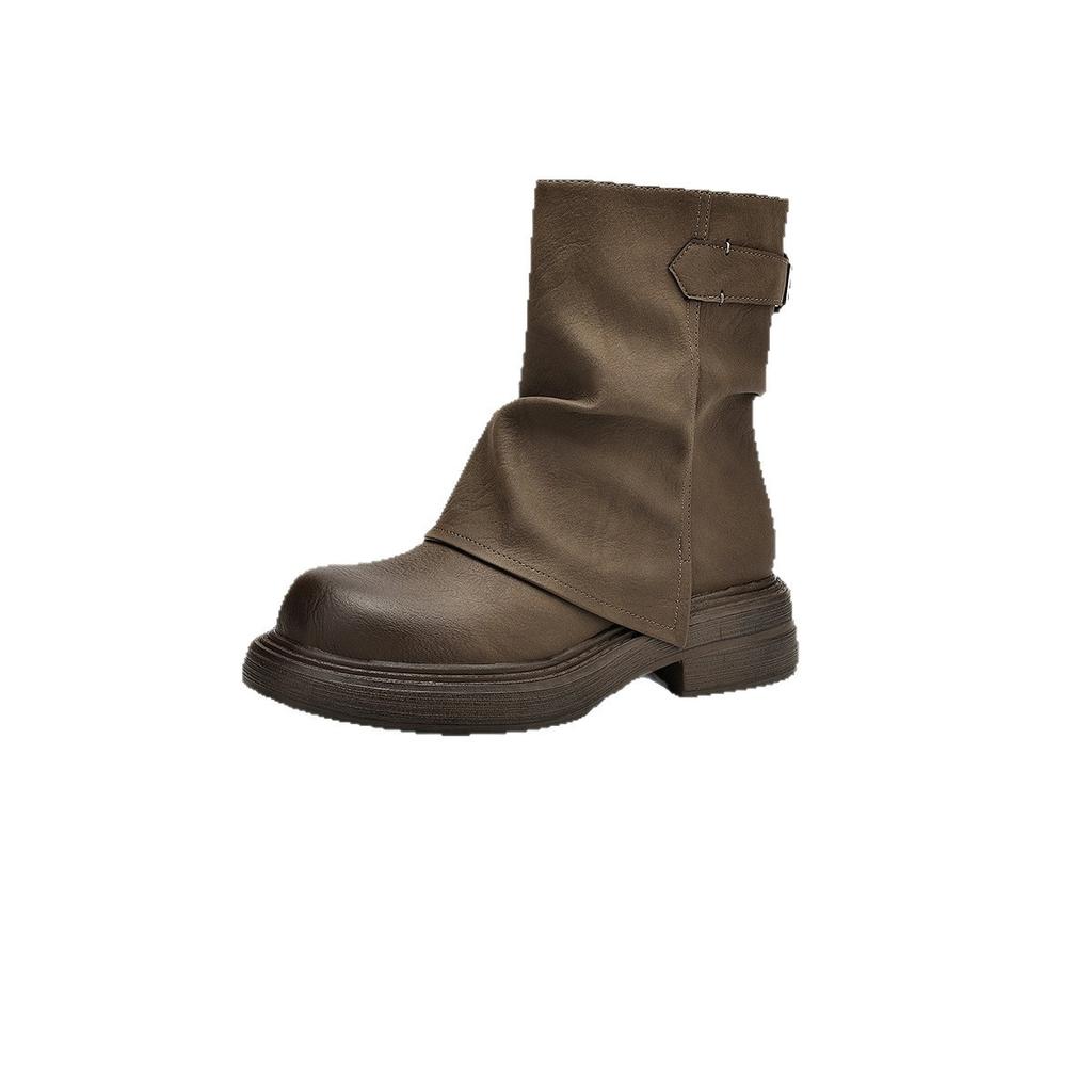 Pile Short Boots for Women 2026 New Autumn Thick Bottom Short Boots for Women Brown Boots Maillard Pants Boots