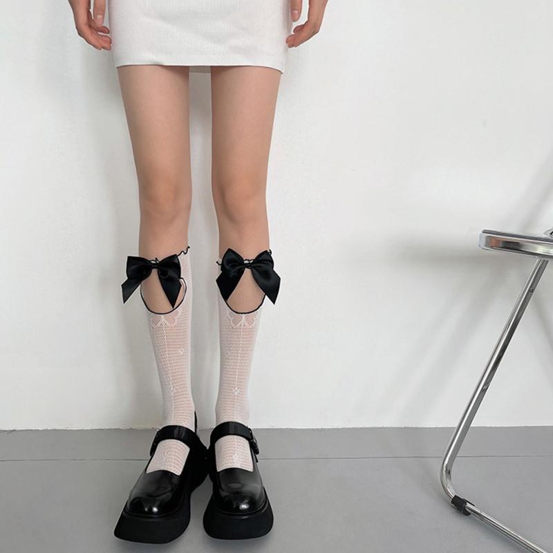 Women Girl Hollow Pile Socks Lolita Lace Calf Socks Stretchable Large Bow Lace Socks Gift for Anniversary Day