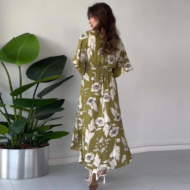 2024 Sommer Damen V-Ausschnitt Bindegürtel Mode Druck Schlankmachendes Kleid