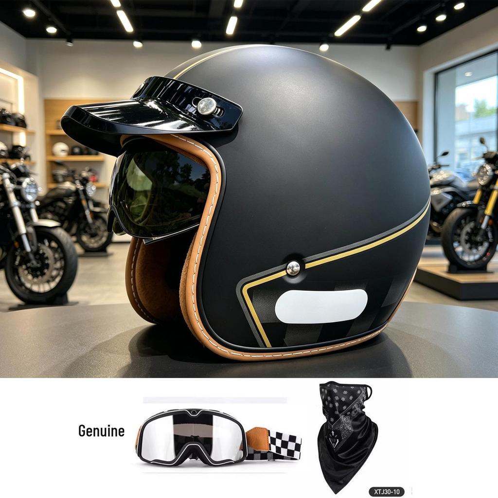 High-Quality Retro Motorcycle Half Helmet with Built-In Goggles for Men and Women