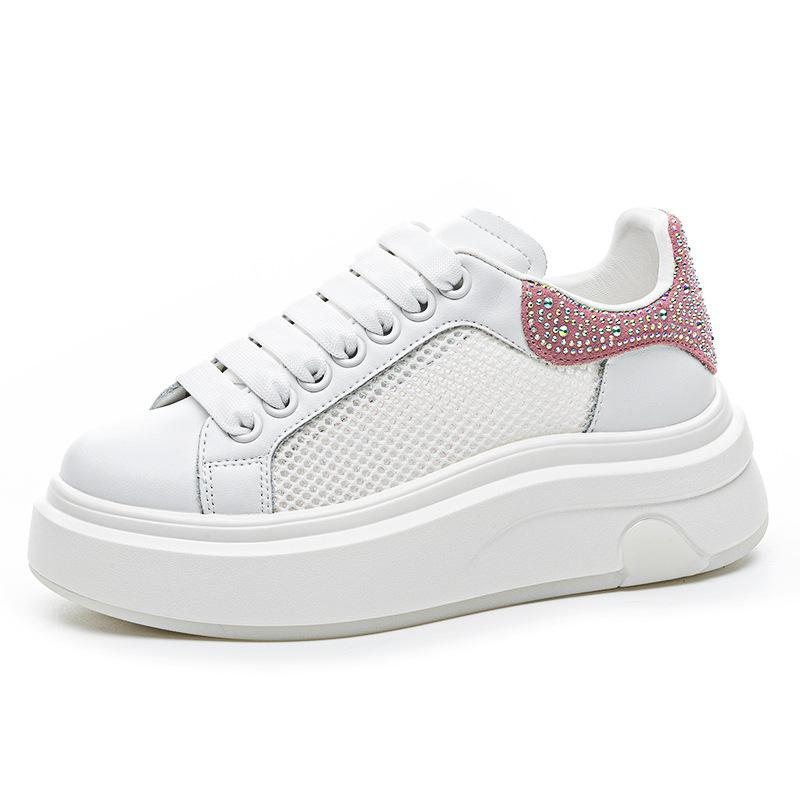 Thick-soled Heightening Women's Leather Shoes New Mesh Breathable Rhinestone Versatile Sports and Leisure Board Shoes
