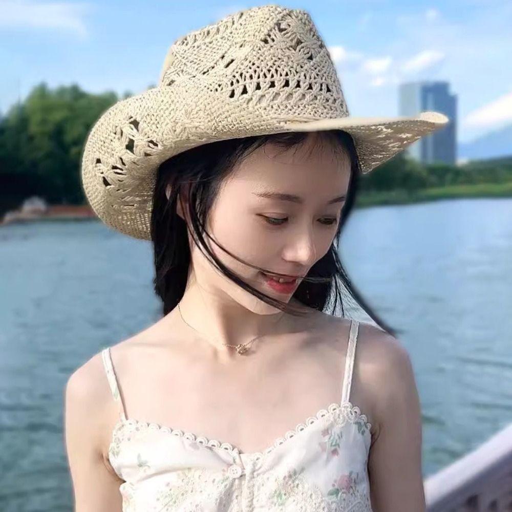 Curled Western Cowboy Cap Woven Sun Hat Vintage Hollow Straw Hat  Women Men