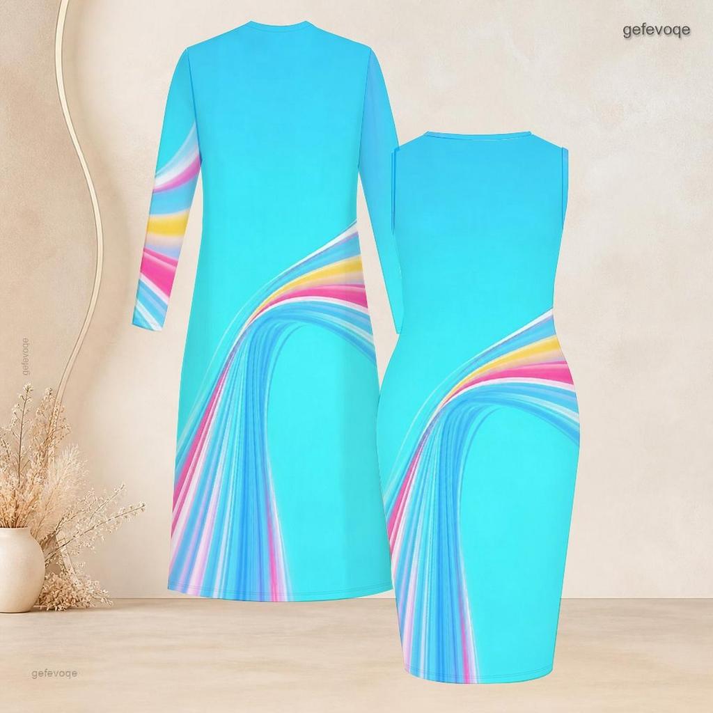Women Plus Size Two Piece Set Long Sleeve Open Front Cardigan Sleeveless Colorful Printed Bodycon Dress