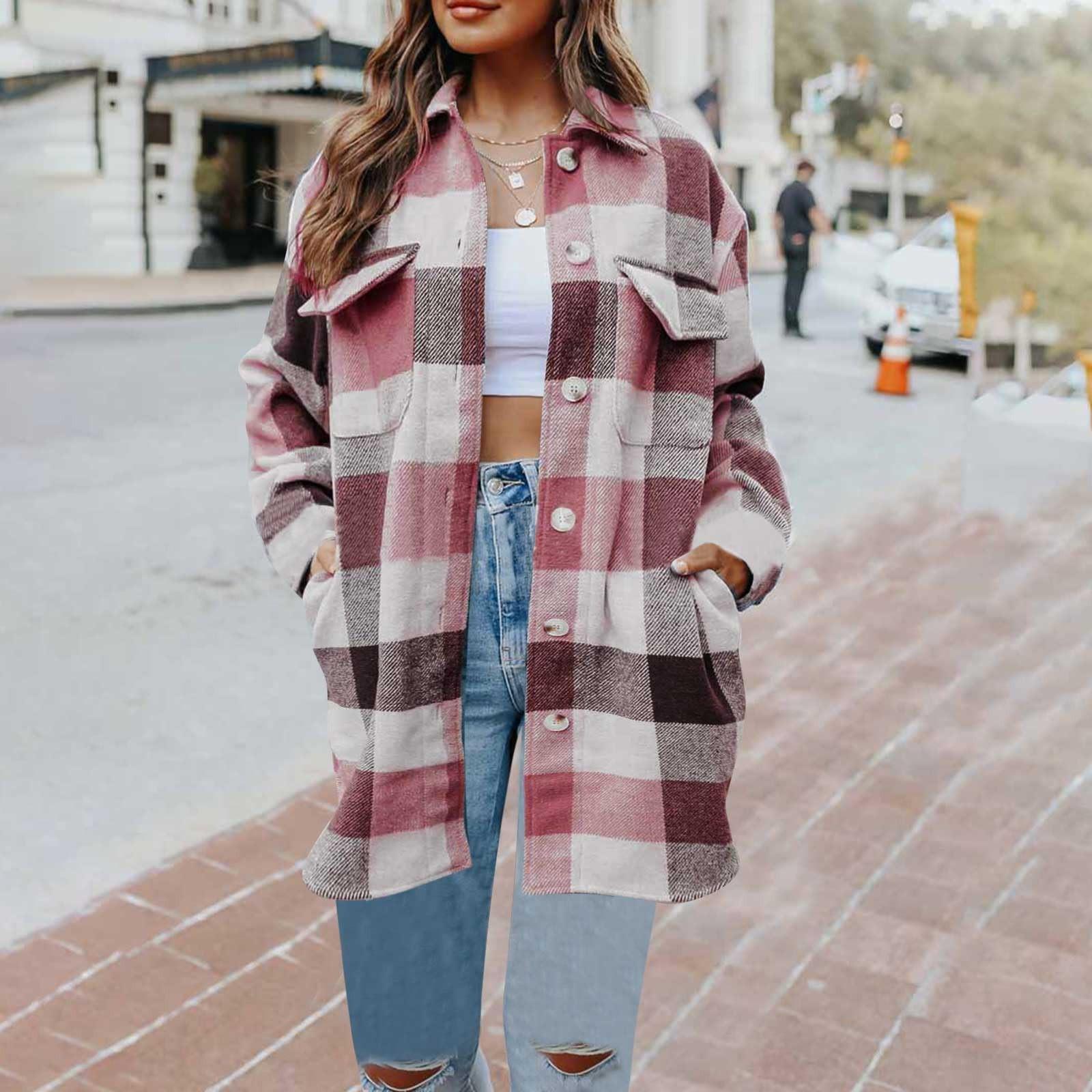 

Женское клетчатое пальто, модное шерстяное однобортное пальто средней и длинной длины с длинными рукавами XL розовый