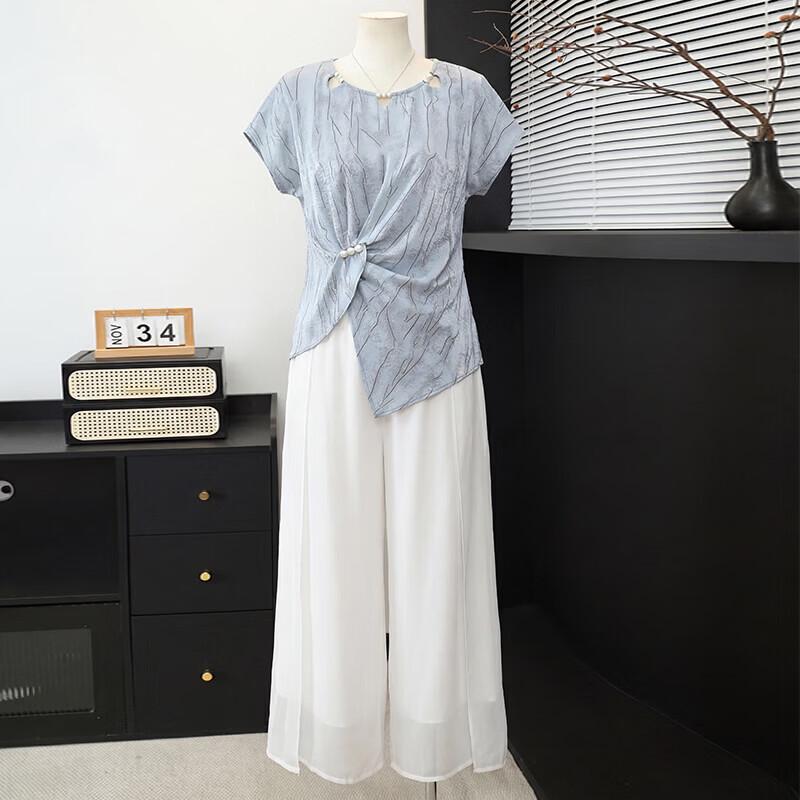 Xuexi Middle-Aged Women s Stylish Summer Chiffon Top Set 5XL