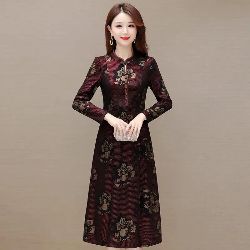 

Women s Burgundy Floral Print Maxi Dress Chinese Style Stand Collar Long-Sleeve A-Line Dress For Elegant Casual Daily Wear M красный