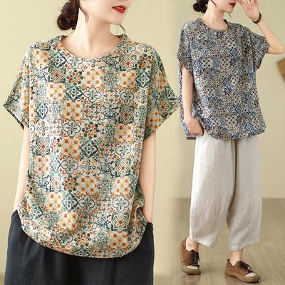 Fat Girl Large Size Women's Summer Literary Retro Round Neck Printed Shirt Loose Meat Covering Versatile Cotton and Linen Top T