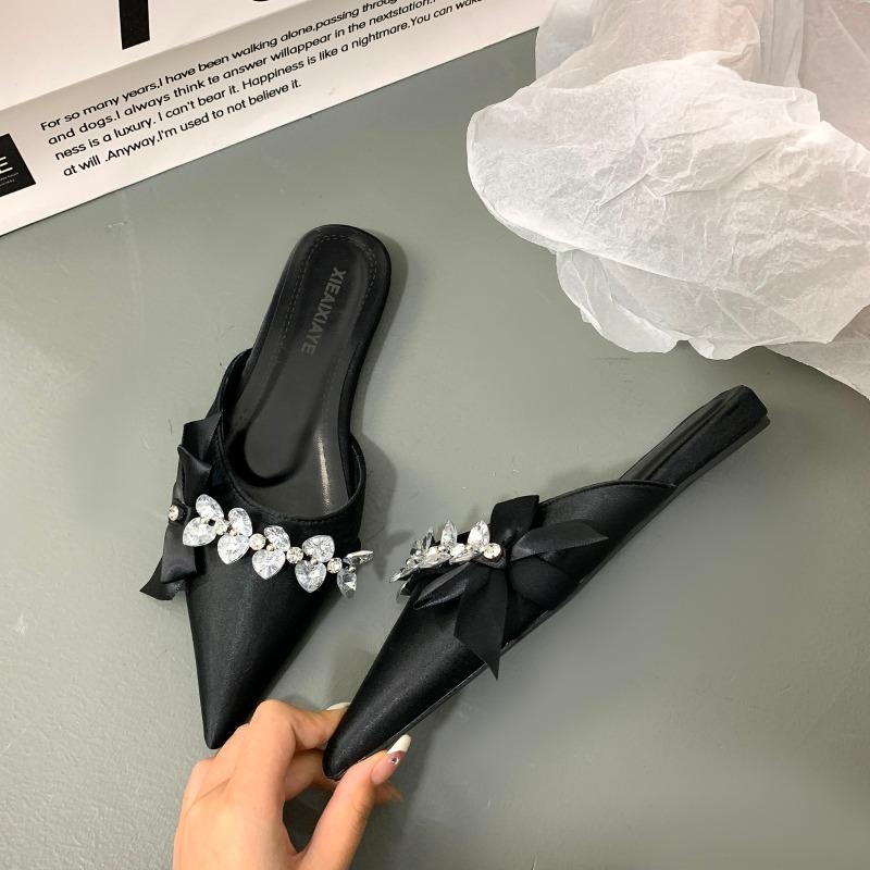 Fashion Baotou Half Slippers Women's Summer New Pointy Shallow Mouth Glitter Low Heel Sandals Fashion Women's Shoes