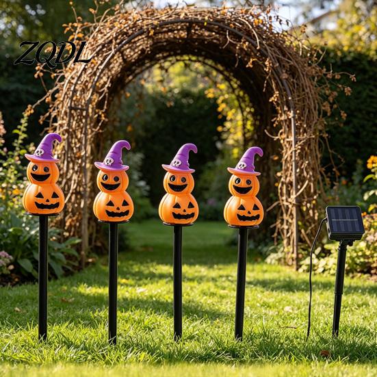 Automatic Dusk to Dawn Lights 4Pcs/Set Halloween Solar Ghost Stake Light, 4-in-1 Pumpkin with LED Pathway Lighting Lights, Waterproof Decorative Lamp