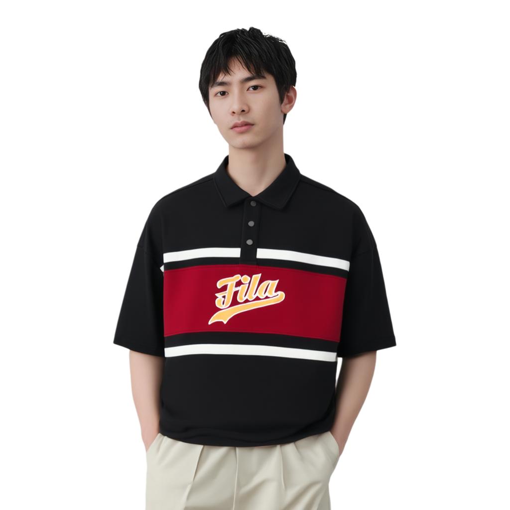 Fila Logo Muster Pullover Locker Kurzarm Poloshirt Herren Oberteile Schwarz T11M432110ABK