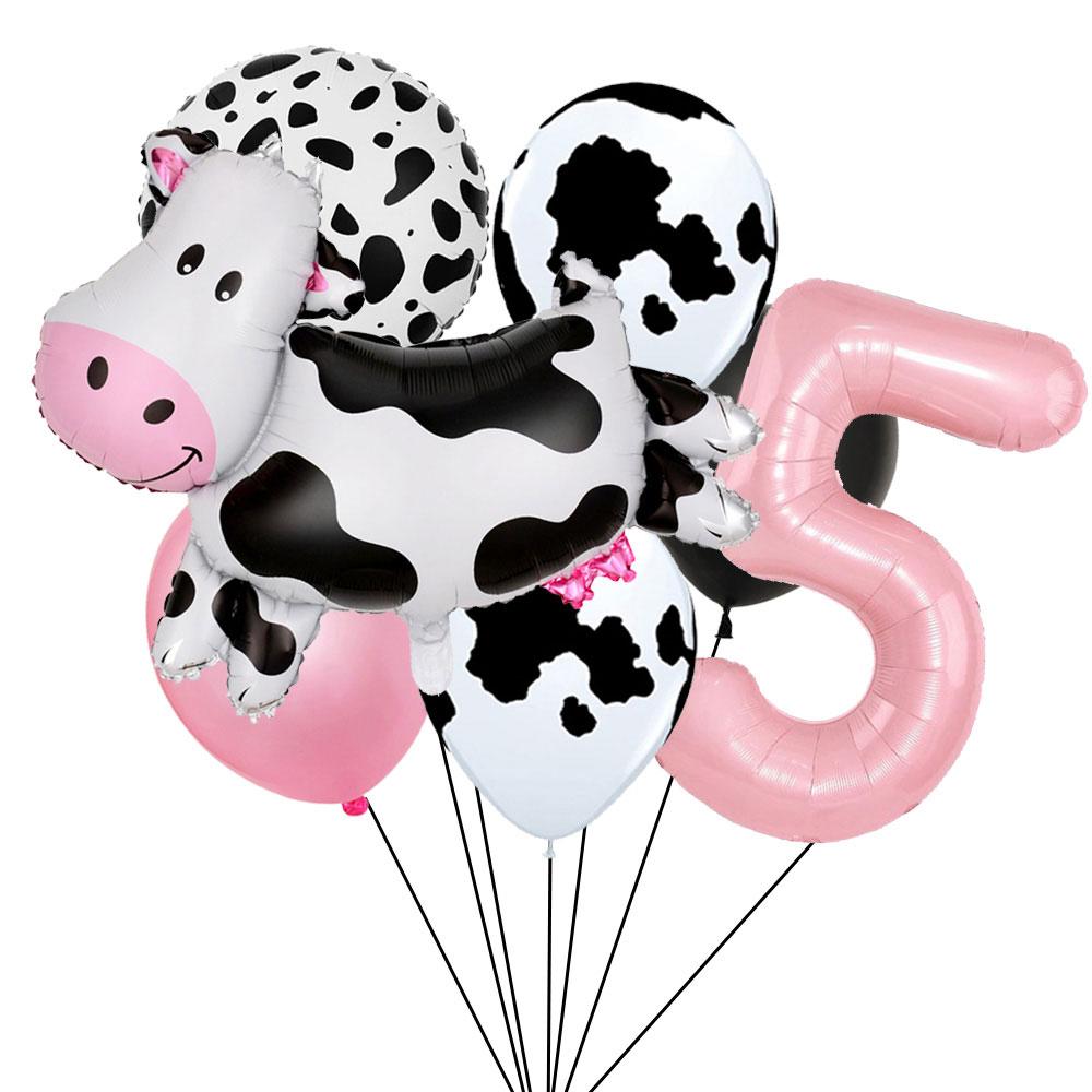 7pcs Cartoon Cow Balloon Pink Digital Balloon Set Baptismal Supplies Children's Gifts Birthday Party Decoration Photography Prop
