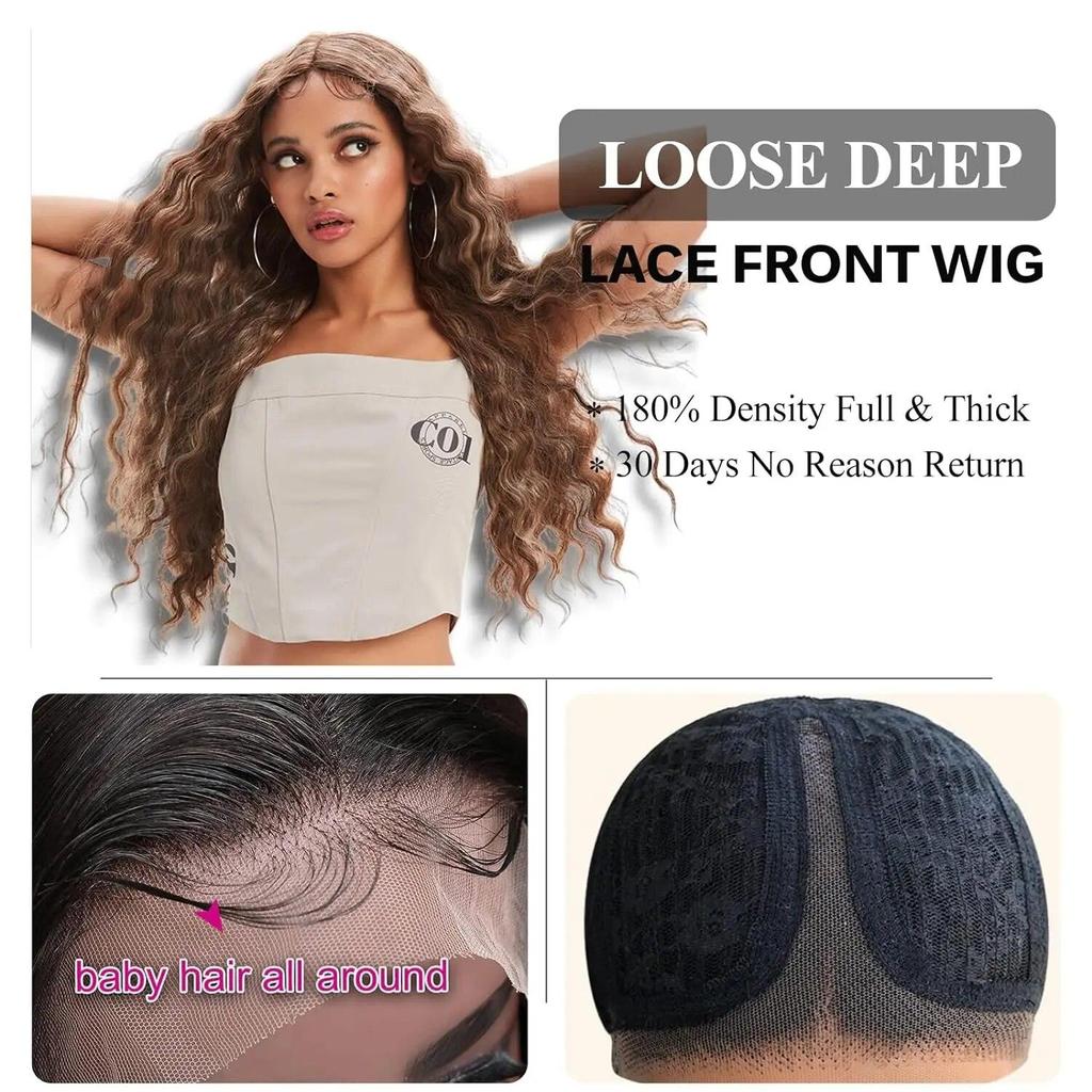 LOUIS FERRE Long Deep Wave Wig Brown Highlight Crimps Curl Synthetic Hair Wigs Lace Front Wig for Women with Babyhair for Daily