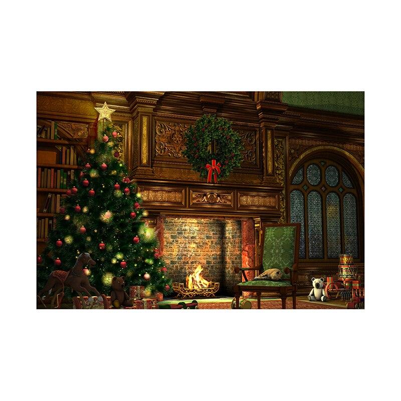 Christmas Fireplace Photography Backdrop Xmas Tree Stocking Photo Background Props for Holiday Family Portrait Studio Shoot Video Party Decor