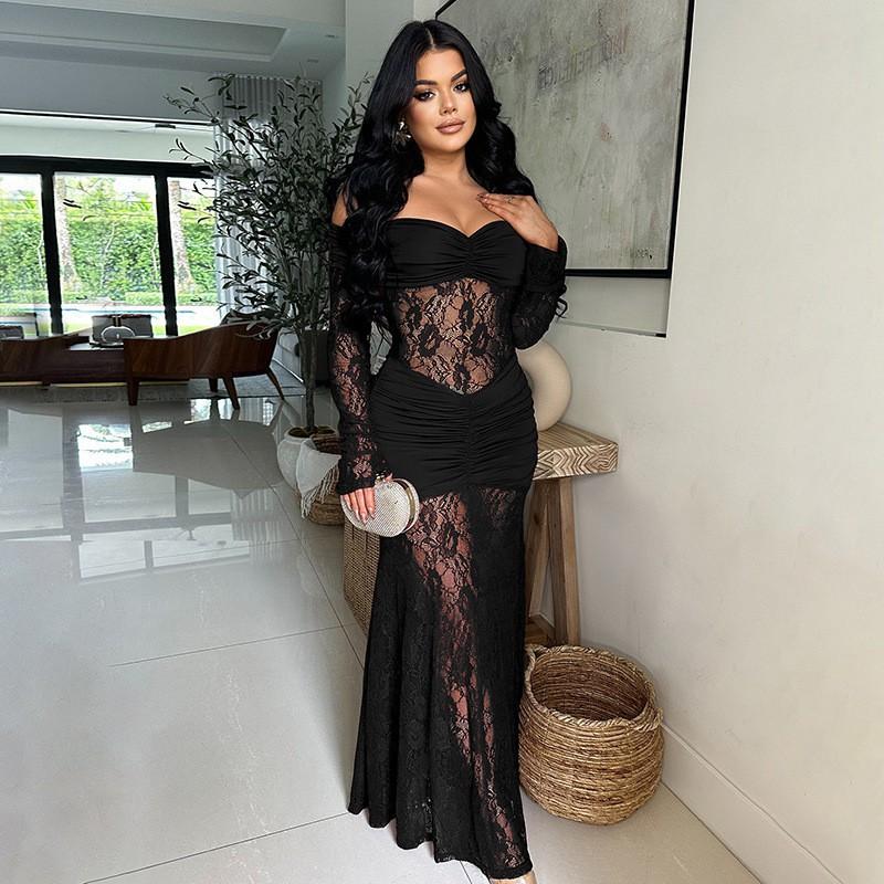 

European American Women s Clothing Temperament Lace Stitching Shoulder Slit Long Sleeve Pleated Dress M чорний