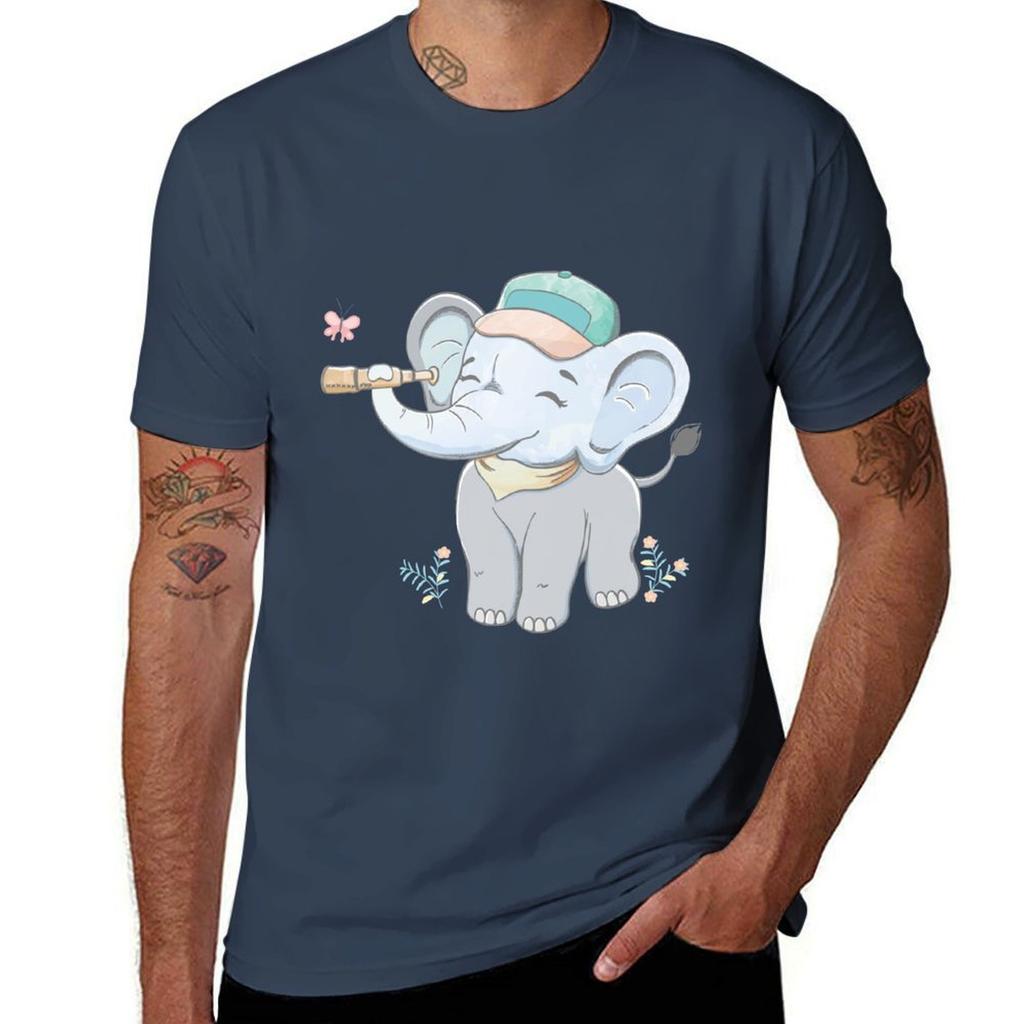 Cute Baby Elephant Discovering with Binoculars TShirt UV Sun Protection Tee Shirt