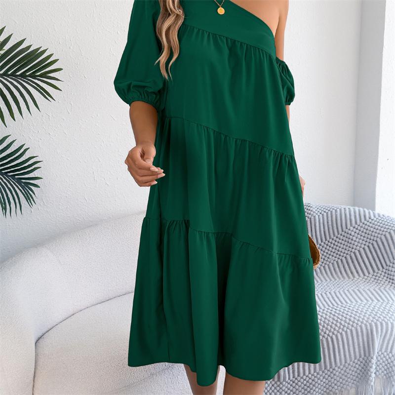 2026 Spring Summer Women's Off Shoulder Short Sleeved Ruffled Hem Long Skirt S-XL