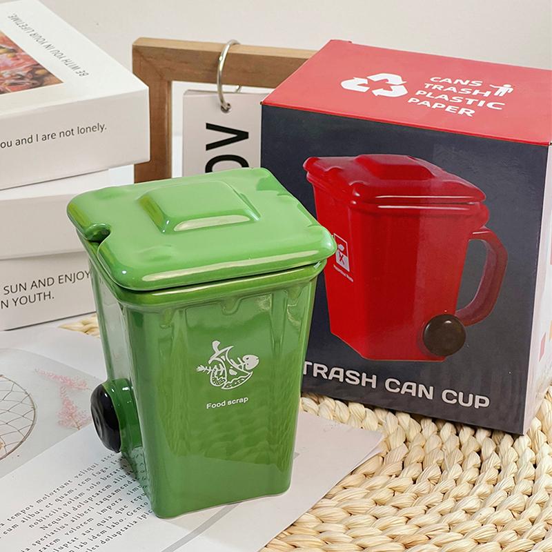Funny Trash Can Ceramic Mug, Trendy Green Office Coffee Mugs, Breakfast Milk Oat Cups, Couple Water Cup,Birthday Gift Kawaii Cup