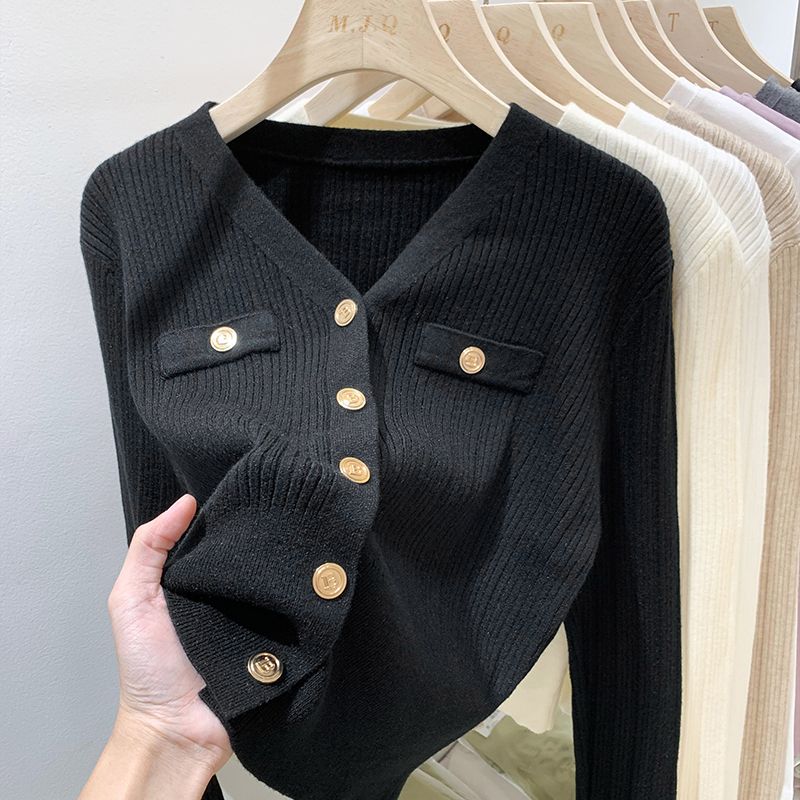 French Soild Elegant Knitted Cardigan Women Casual V-neck Base White Long Sleeved Sweater Tops Spring Autumn 2025