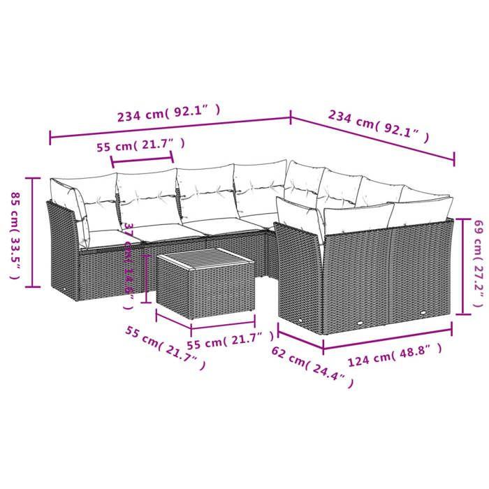 VidaXL Garden Lounge Set with Cushions 9 Pcs, Patio Sofas, Furniture Set, Outdoor Terrace Furniture, Grey 3255865