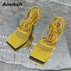 2025 Summer Sexy Mesh Pumps Sandals Female Square Toe High Heel Lace Up Cross-Tied Stiletto Hollow Dress Party Shoes 43