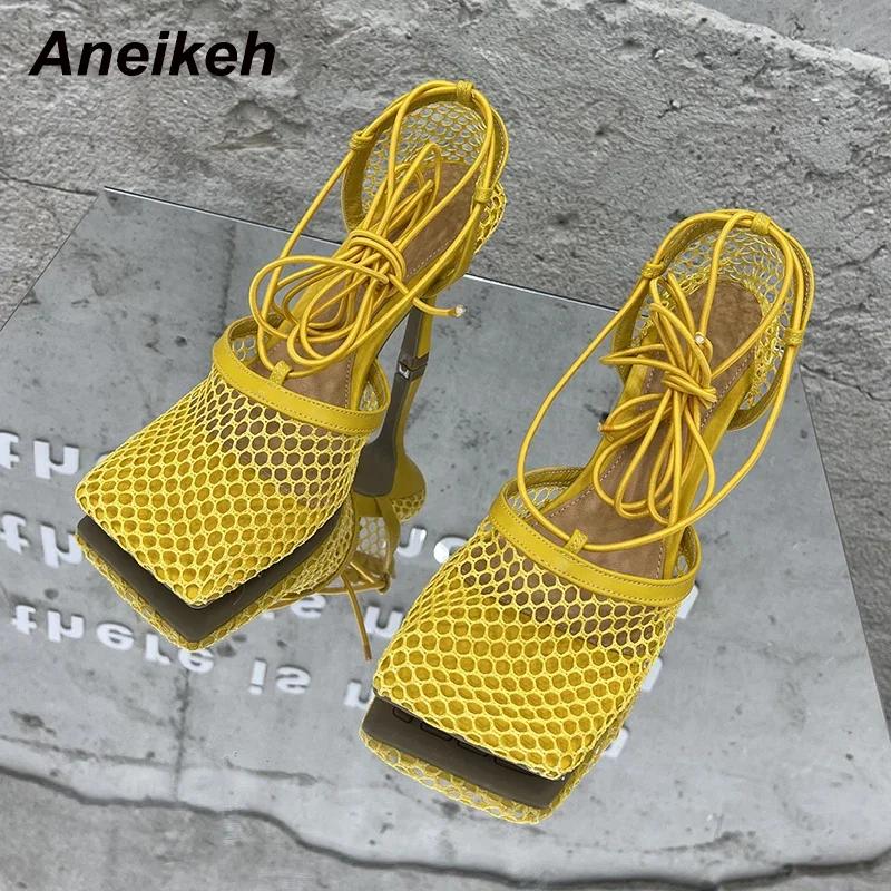 

Fashion 2025 Summer Sexy Mesh Pumps Sandals Female Square Toe High Heel Lace Up Cross-Tied Stiletto Hollow Dress Party Shoes 43 43 жёлтый