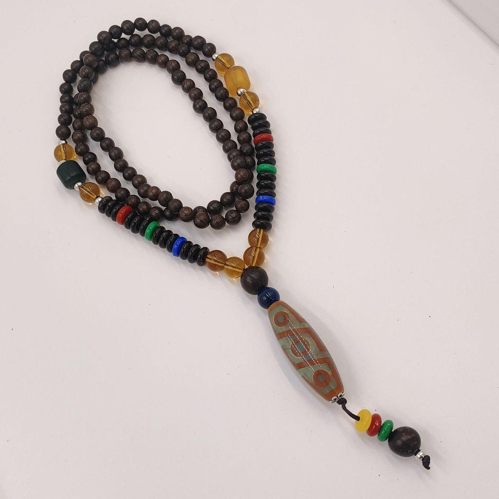 Unisex Retro Ethnic Wooden Necklace Pendant - Versatile Long Sweater Chain and Clothing Accessory