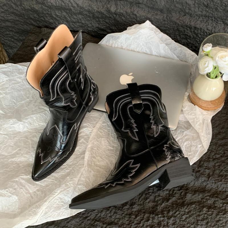Fashion Retro Embroidered Western Cowboy Boots Women's Spring New Mid-Calf Knight Boot Pointed Toe Thick Heel Non-Knee High Shoes