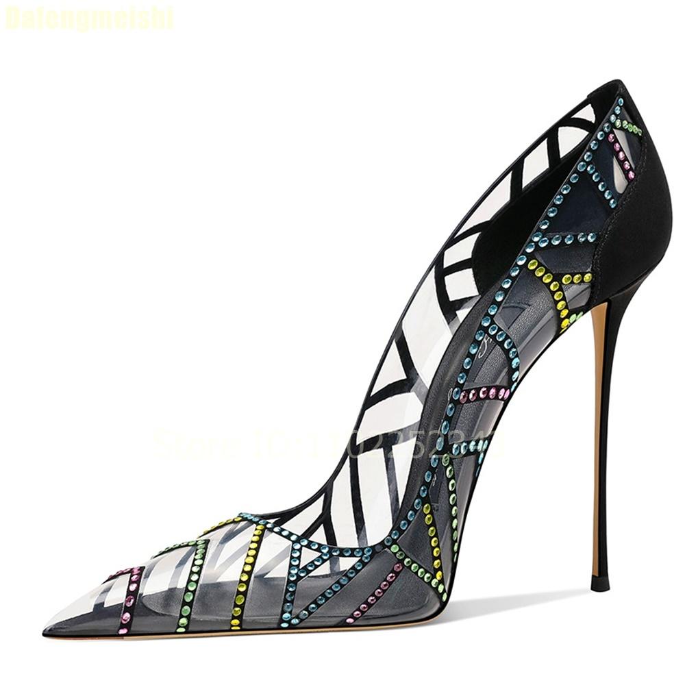 Fashion Black Transparent Colorful Rhinestone Bling Bling Pumps 2025 Spring New Pointed Toe Stiletto High Heels Shallow Fashion Sandals