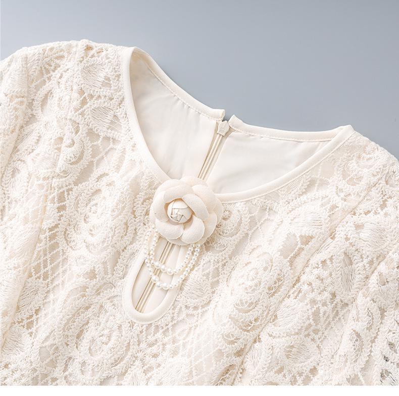 French Sequin Embroidered Lace Dress, Round Neck, Elegant Waist-Gathering, Summer Style for Women.