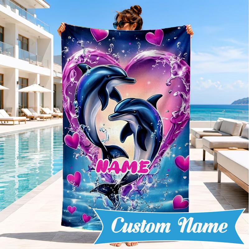 Custom Name Love Dolphins Heart Beach Towel Microfiber Beach Towel, Lightweight and Quick-Dry, for Summer Travel, Swimming Pool Gift