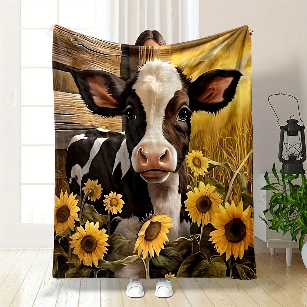 Cow and Sunflowers In Rustic Farm Scene Print Blanket Soft and Cozy Perfect for the Living Room Bed Sofa or a Nap,gift