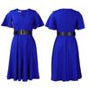 IHUASU Belt Summer Women's Dress with Flared Sleeves Solid Color Plus-size V-Neck High Waist Dress