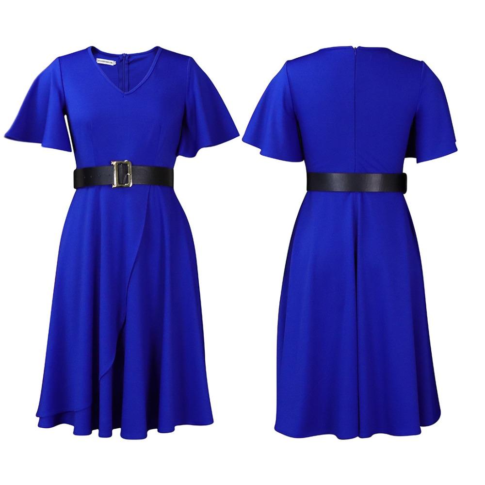 IHUASU Belt Summer Women's Dress with Flared Sleeves Solid Color Plus-size V-Neck High Waist Dress