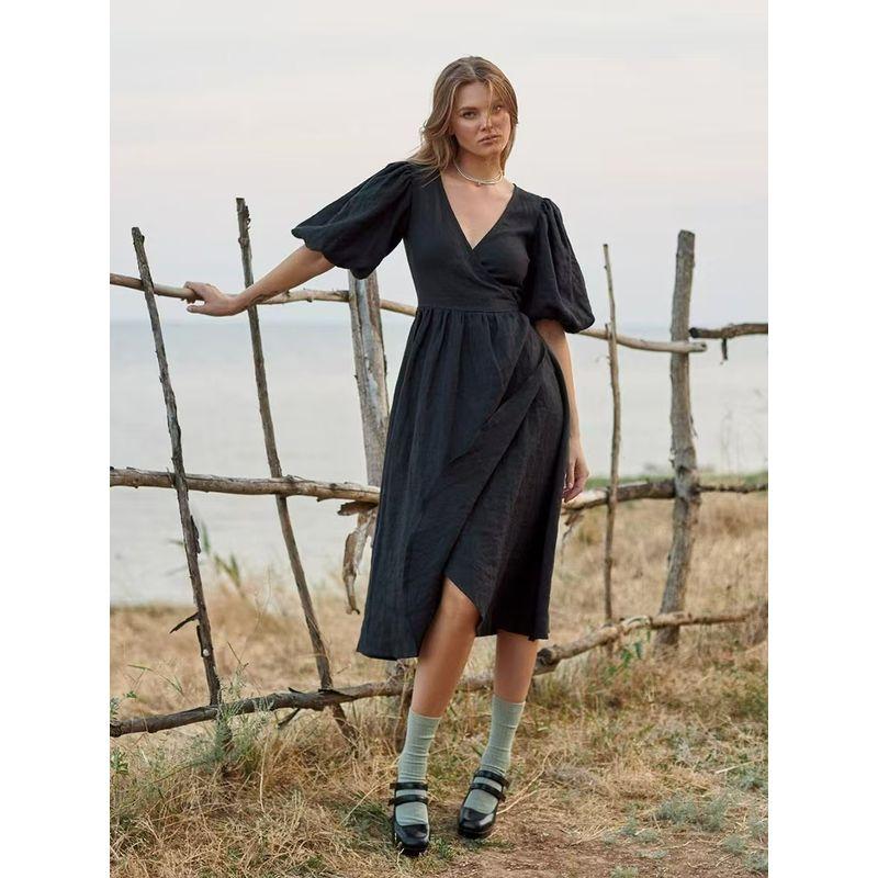 

Western Style Fashion Casual Lace-up V-neck Puff sleeve Dress V-Neck Bubble Sleeve Dress Black M
