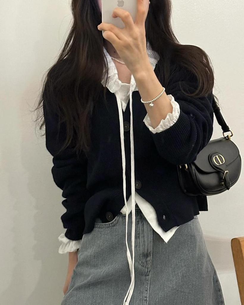 Korean Chic Cotton Jacquard Ribbon Shirt & Cable Knit Vest Set for Women