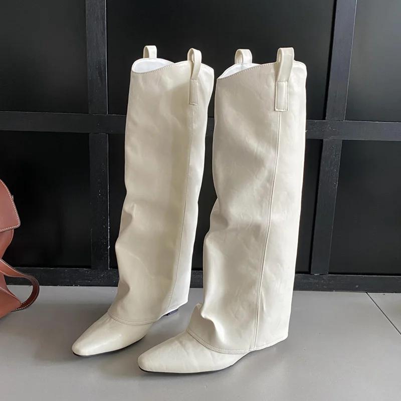 

Eilyken Pleated Wedges High Heels Women Knee-High Boots Boots Design Pointed Toe Shoes Fashion Ladies Booties 35