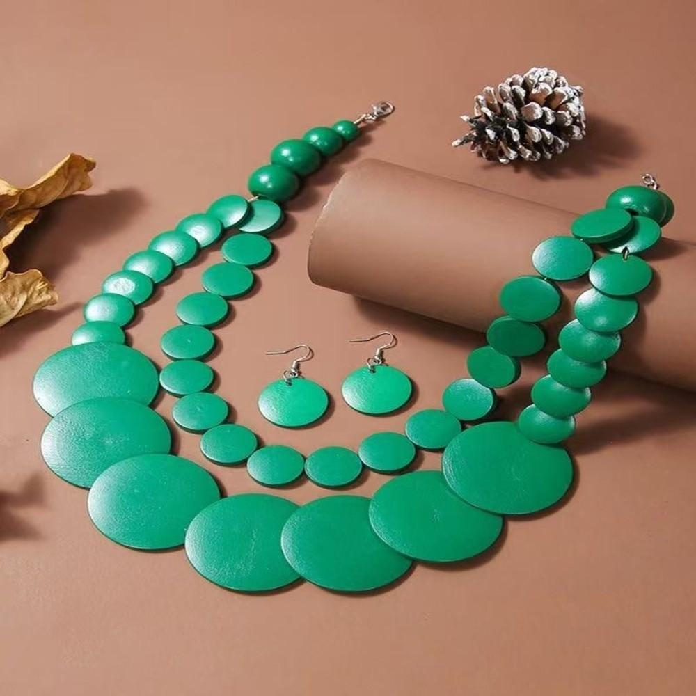 Double Layer Wooden Beaded Necklace Exaggeration Beaded Jewelry Pendant Necklace Beach Vacation