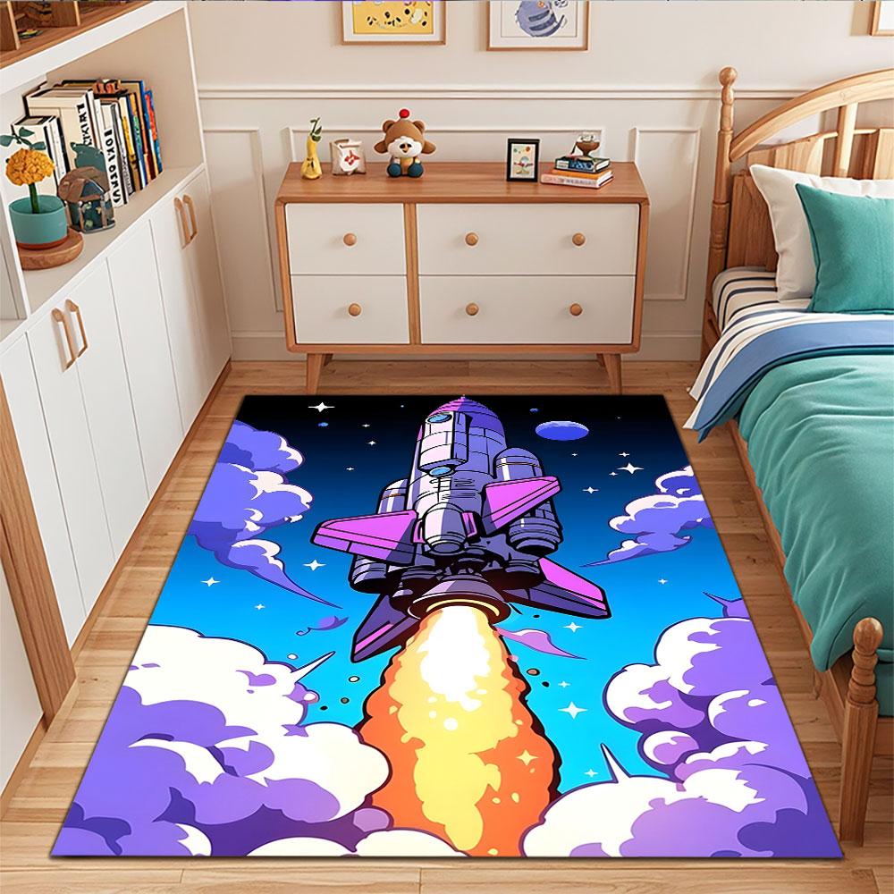 "Colorful Rocket Launch In Space" Patterned Carpet, Suitable As a Non Slip Play Mat for the Living Room and Bedroom Sofa