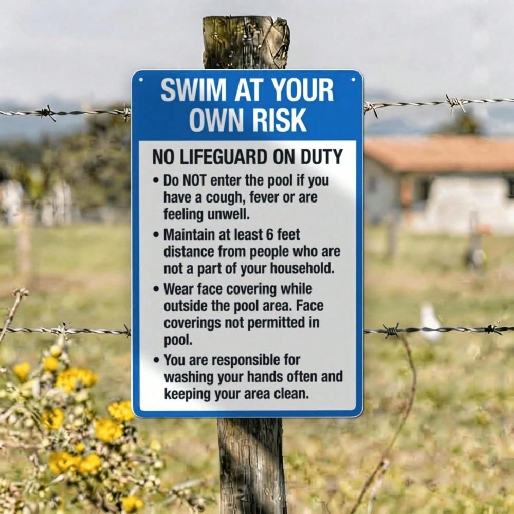 Retro Swim At Your Own Risk Metal Sign, 8x12in Vintage Iron Pool Warning, Funny Wall Decor