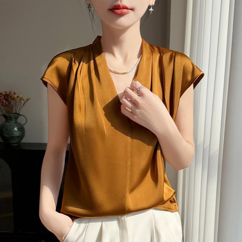 

Solid-color Pleated Design Blouse T-shirt, New Spring/summer Style, V-neck, Dropped Shoulders, Short Sleeves, Women s Shirt XXL