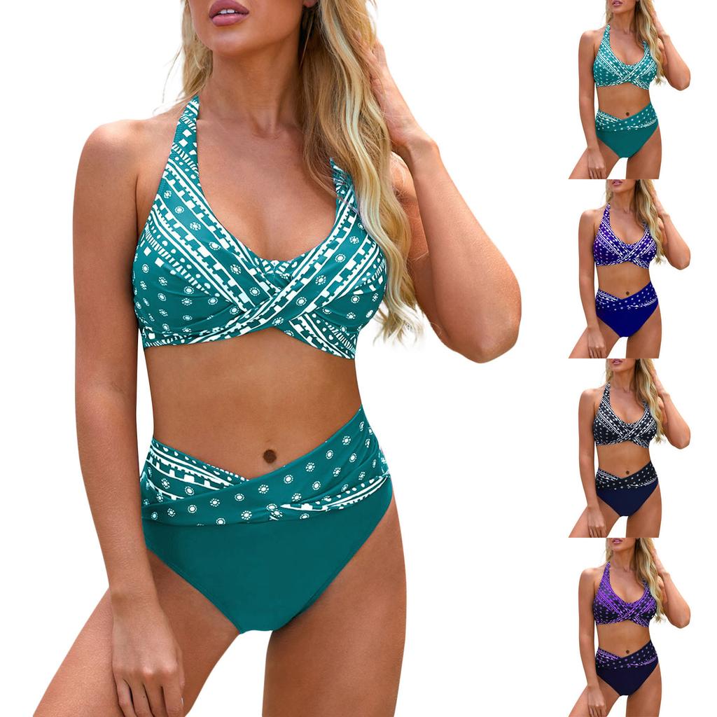 Fashion Women's Sexy Printed Neck Strap Backless Beachwear Bikini Swimsuit Split Swimsuit