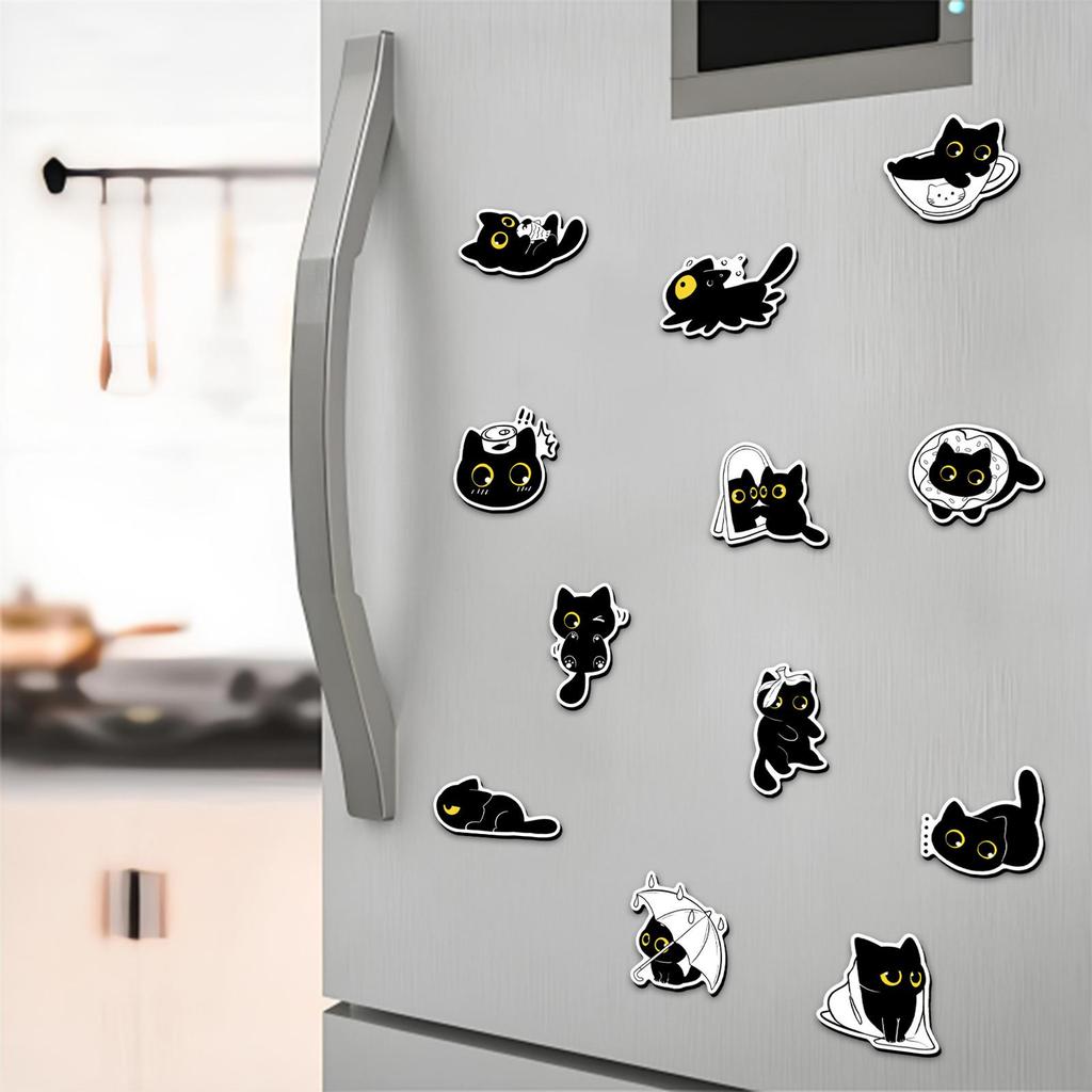 20-Pack Original Black Cat Magnetic Refrigerator Stickers - Cute Cartoon Kittens, Waterproof Design