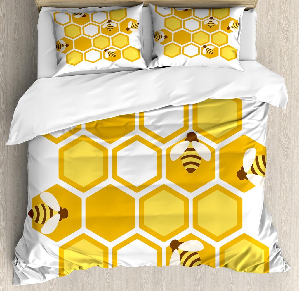 Be Quen Sized Dimensions Soft Duvet Cover Set, Bumble Bes Producing Honey By Filing Honeycombs Cels Themed Graphic Image Print, Soft Warm