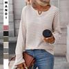 Women Striped Waffle Knit Long Sleeve Casual T Shirt Top