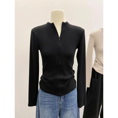 Damen Slim-Fit Warmes gebürstetes Baselayer-T-Shirt mit halbem Stehkragen und Reißverschluss für Herbst/Winter