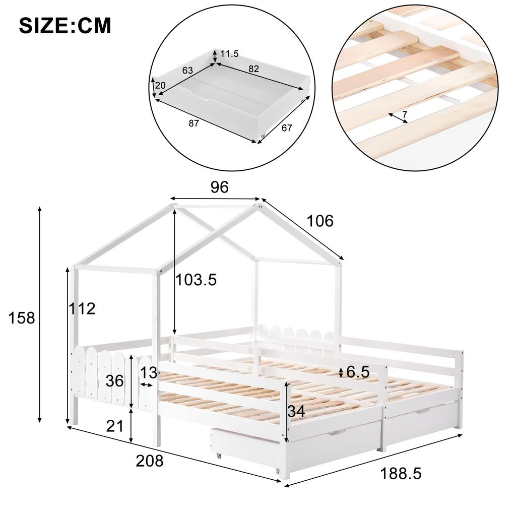 Flieks Children's Bed House Bed 90x200 Cm with 2 Drawers Double Bed, Versatile Wooden Treehouse Bed for Girls & Boys