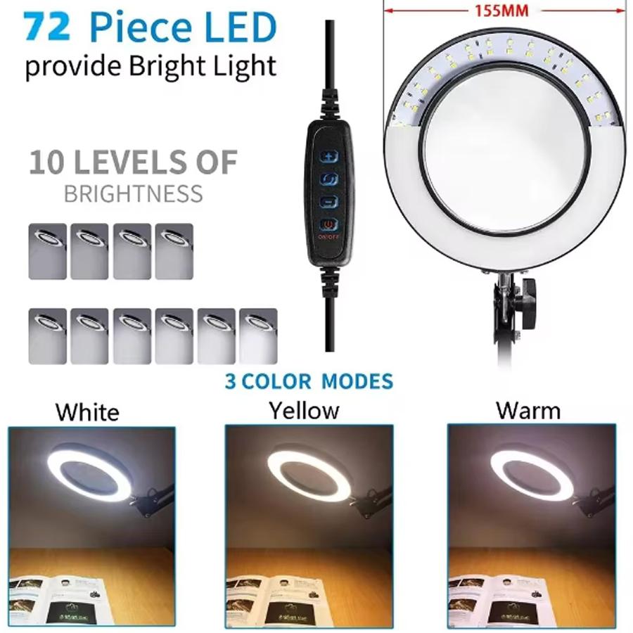Hot Sell 72LED 8X/10X Magnifier USB 3 Colors LED Magnifying Glass for Soldering Iron Repair/Table Lamp/Skincare Beauty Tools