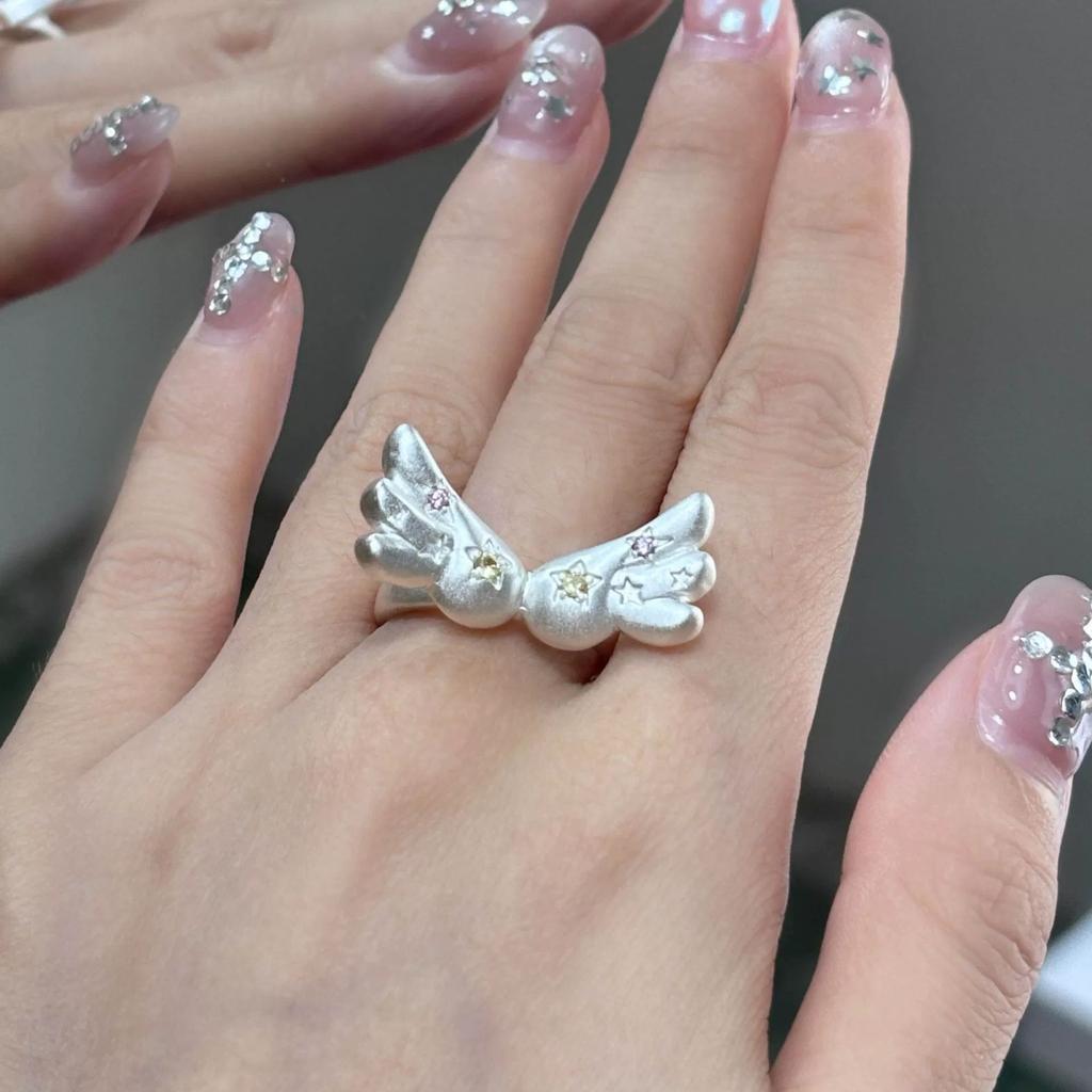 Korean Fashion Cute Shining Crystal Star Wings Open Rings For Women Girl Y2K Gothic Creative Charm Jewelry Accessories