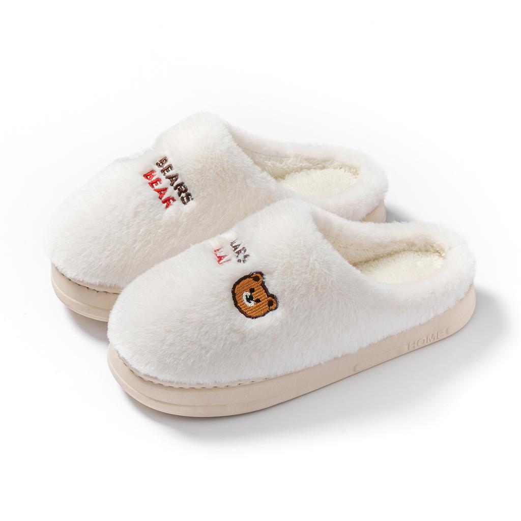 Cute bear head cotton slippers winter piled thickened cotton drag couple indoor home hair slippers